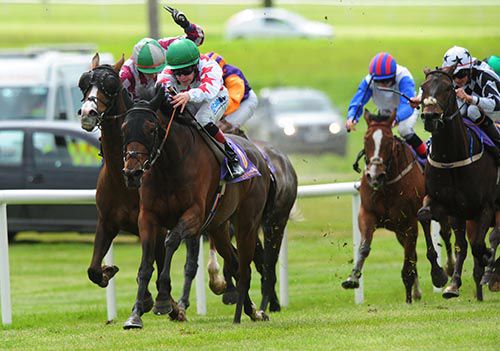 Mindy (Leigh Roche) bursts through to take control of the third at Wexford