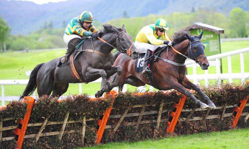 Pollywollydoodle (visor) jumps the last just ahead of Some Hawk