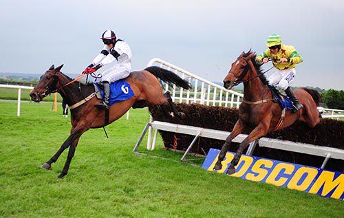 Lady Olwyn (Ger Fox) leads eventual winner Forever Gold (Phillip Enright) over the last
