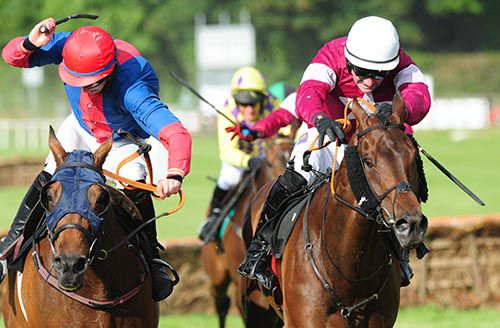 Cape Glory is driven out by Brian O'Connell to fend off the challenge of Silk Hall (left)