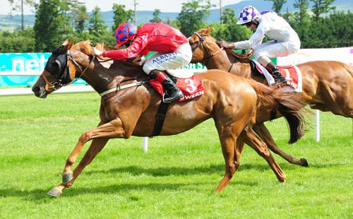 Misty Lane (Pat Smullen) holds on from Naoise (Kevin Manning)