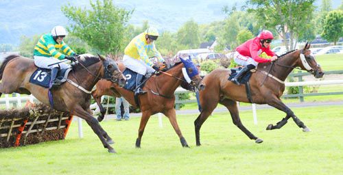 He's Our Man leads Xsquared and winner Golden Ticket away from the last