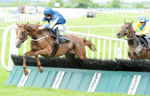 Rodger Roo and Roger Loughran jump the last in Kilbeggan