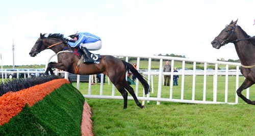 Lucky Pigeon jumps the last from Cut The Corner in second