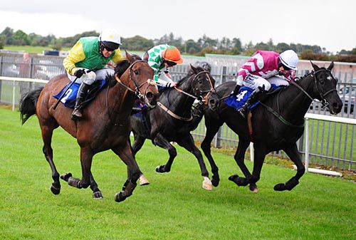 Ted Veale and Barry Geraghty (nearside) comes through to beat The Black Russian (centre) and Un Beau Roman