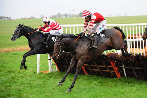 Mrs Mac Veale (near side) just heads Cloudy Rock over the last