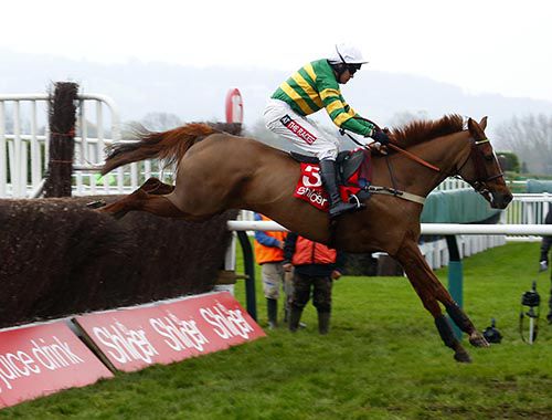 Uxizandre and Barry Geraghty (white cap) winning The Shloer Chase from Dodging Bullets and Simply Ned (left)Cheltenham 16.11.14Photo HEALY RACING.