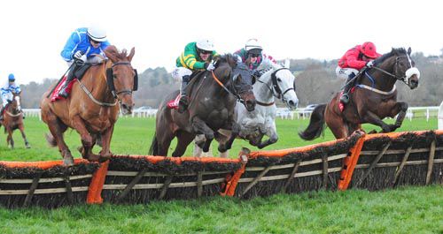 Jumptoconclusions (2nd left) jumps the last with Samanntom (left), Shesaportrait and Old Time Melody (right)