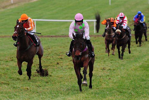 Pylonthepressure (Patrick Mullins, pink) leads home Samson Bill and company in the bumper at Thurles