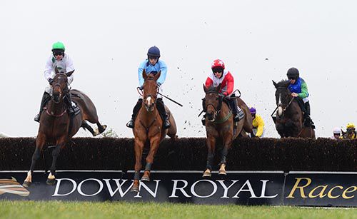 Keep On Track & Liam McKenna (2nd left) clear the 1st fence with (LtoR) Araglen Lad, Glenane Lucy & Heavenly Brook