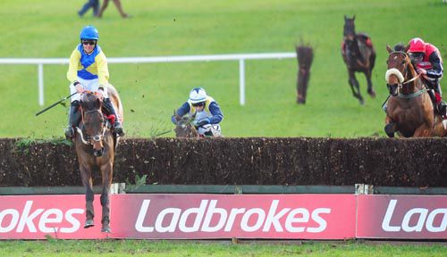 Malt Gem (Davy Russell, yellow and blue) sees off Asitsohappens and Romantic Fashion