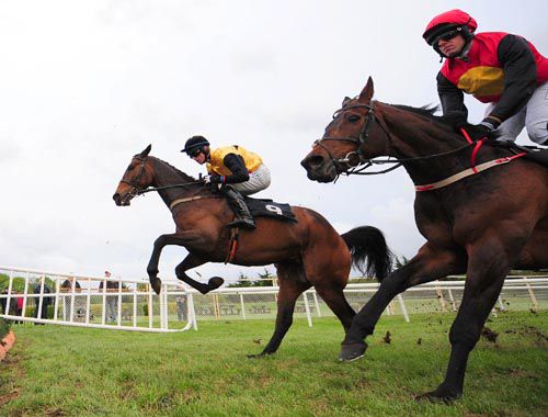 Gentle Cloud (farside) takes off at a fence on his way to victory under Johnny Barry