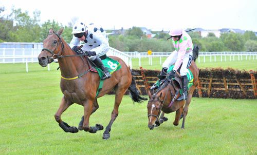 Wes Hardin races away from the last with Thomas Hobson falls