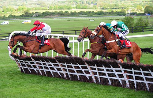 Sandymount Duke, left, clears the last in front at Punchestown 