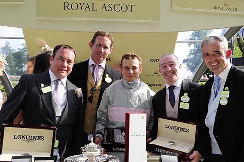 Ryan Moore (centre) with owners (from left to right) Michael Gannon, David Cox, David Casey and Ruby Walsh