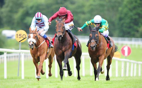 Lat Hawill (centre) and Colin Keane beating Clonard Street (right) and Space Ship