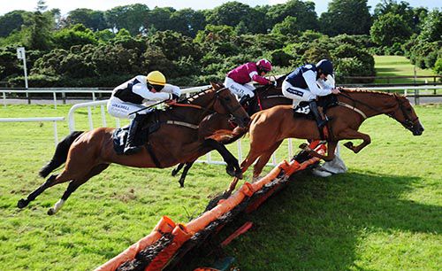 Grangeclare Rosa leads over the last with Nautical Nitwit (yellow cap) and Ultimate Horseman challenging