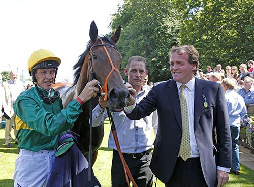 Illuminate and Richard Hughes after winning The Duchess Of Cambridge Stakes with trainer Richard Hannon