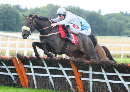 Davids Jewel jumps the last under Sean Flanagan 
