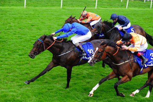 Pleascach (Godolphin blue) is driven out by Kevin Manning to beat Covert Love (nearest) 