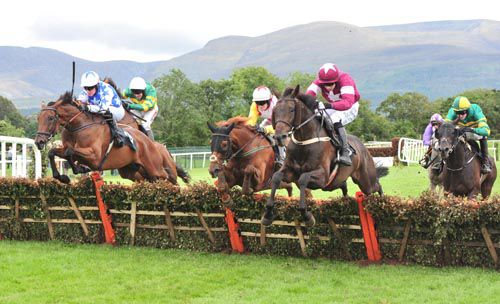 Argentino (maroon and white) jumps the last in front 