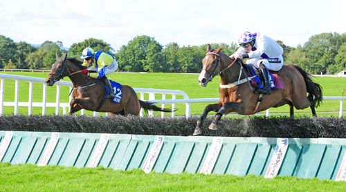 Morga (right) jumps the last ahead of Rock On Rosie
