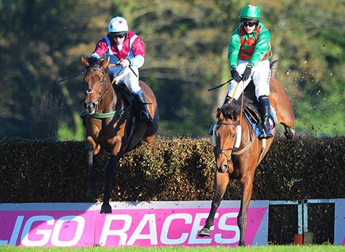 Winner, Westerner Point (Phillip Enright, left) jumps the last with He Is Top Class (Paul Townend)