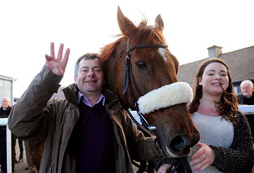 Paul Fahey celebrates a third successive win in the race for He'llberemembered