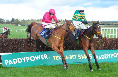 Killer Miller (Mark Walsh, right) beat Bonny Kate in the beginners chase at Naas