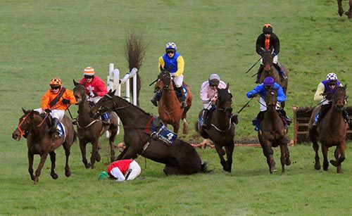 Cerca Trova (blue, second from right) avoids the carnage at the second last