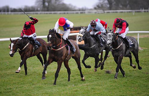 Cant Wait (white sleeves/red cap) is challenged by Arena Seven (right)