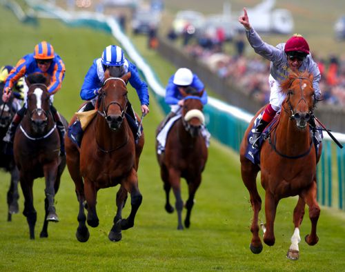 Massaat (blue & white) finishing second at Newmarket