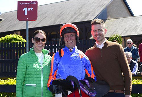 Trainer Andrew McNamara and wife Rhona with Robbie Power after Double Speak's win