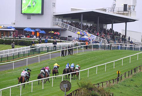Tellthemnuttin, extreme right, mounts her challenge on the rail in Downpatrick