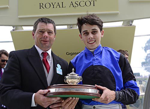 Jockey Ronan Whelan and trainer Jarlath Fahey after Royal Ascot success
