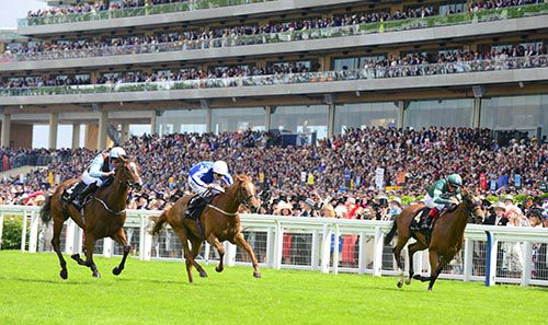 Brave Anna and Seamie Heffernan (nearside) win the Albany