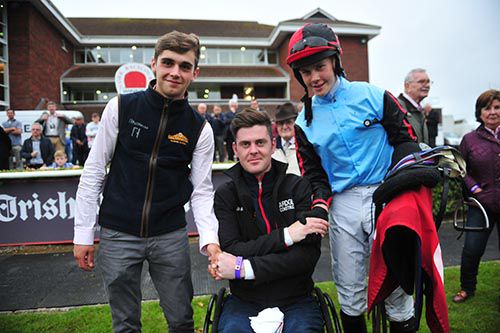 Robbie McNamara with his winning jockeys - Conor Brassil  (left) and Finian Maguire