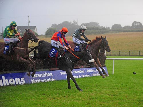Isabella Liberty (noseband) leads over the last from Troubled Soul (nearest) and Thanks For Tea (farside)