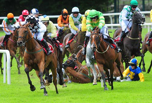 Our Kylie (green and yellow colours) avoid the casualties turning into the home straight