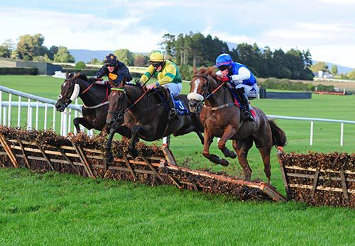 War Of The Pennys (centre) jumps the last with Manuka (right) and The King Of Brega