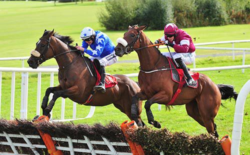 Ruby Walsh (blue and white) on Mr Antolini fends of Ballela Boy and Bryan Cooper nearside