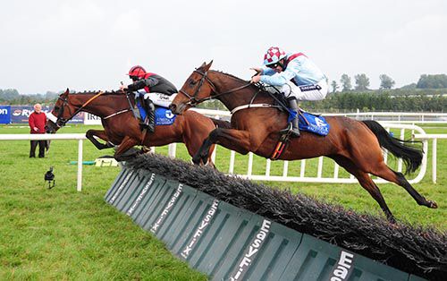 Peregrine Run (inside) jumps the last just ahead of Screaming Rose