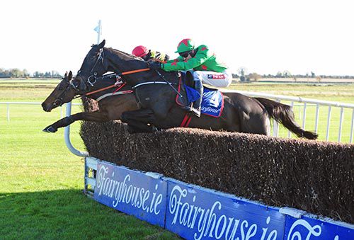 Woodford Island (nearest) and Jimmy Two Times jump the last together