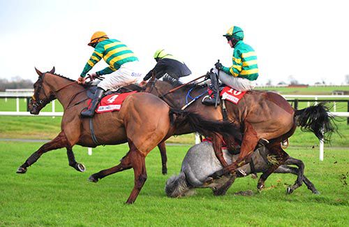 Sean Flanagan (orange cap) wins on Waxies Dargle after Campeador's fall (grey horse on the ground)