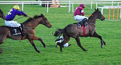 Mikey Fogarty hits the ground after Powersbomb falls at the last, hampering Ball d'Arc (maroon) and Lake Takapuna (No.7)
