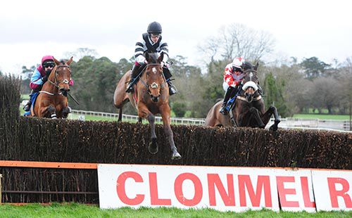 Goulane Chosen (B J Foley, right) in action in the 5th at Clonmel, with Kilcarry Bridge and Double Island  (centre)
