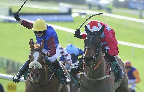 Merrion Row (winner, right, Danny Mullins) beats I'm An Izz Wizz (Katie O'Farrell)