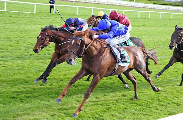 Chronicles (Kevin Manning up, nearside) saw out  Navan's ten furlongs well