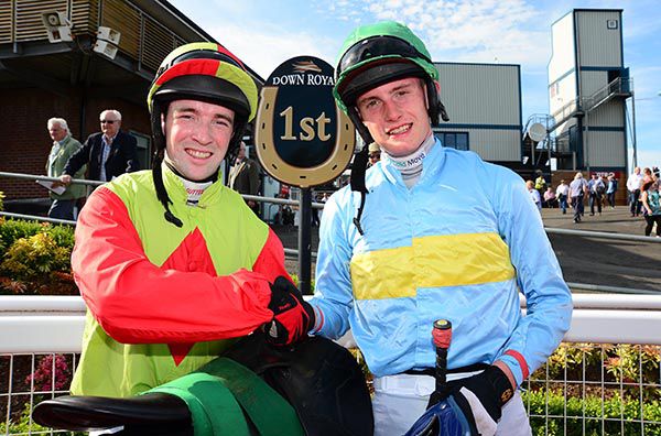 Winning jockeys Jonathan Moore (left) and Luke McGuinness