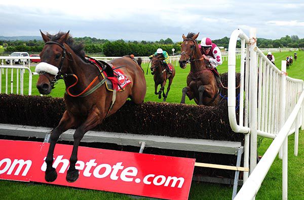 The riderless Definite Soldier leads the winner On Fiddlers Green over the last in the Connacht National